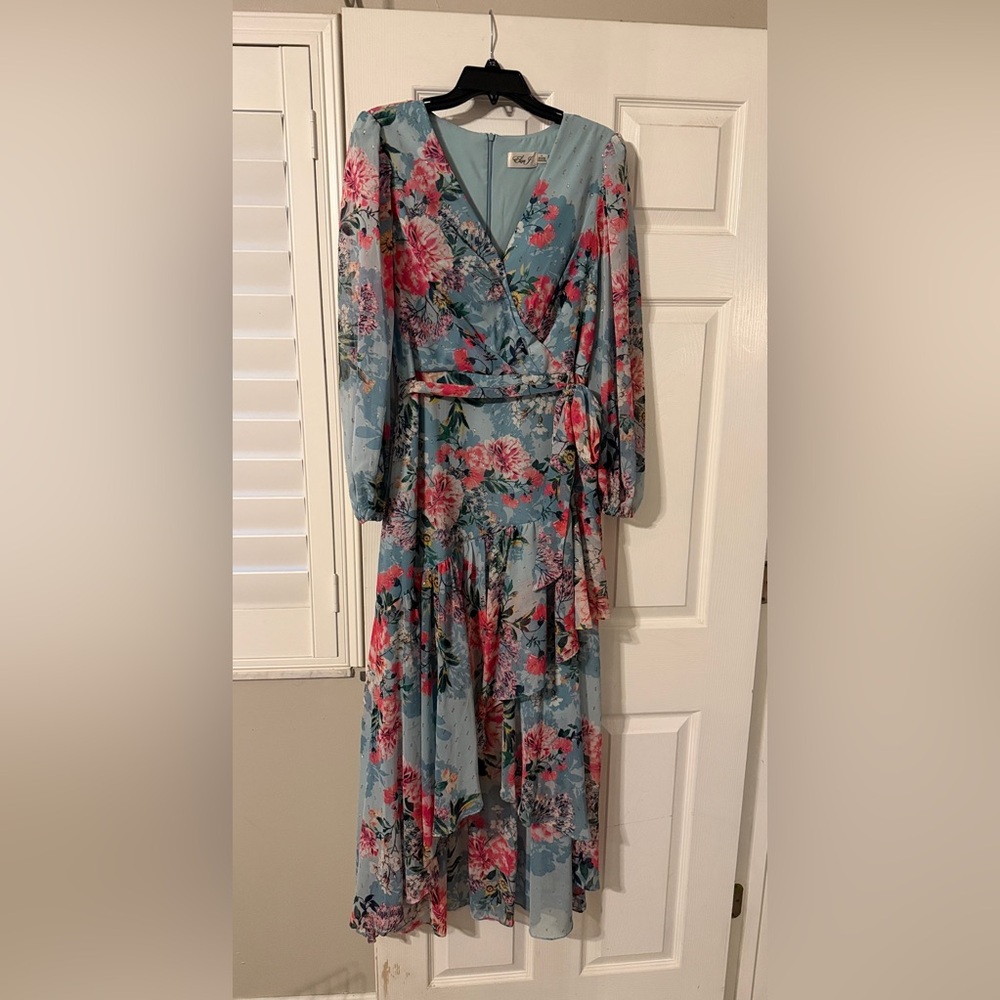 Eliza J Light Blue Floral Long Sleeve Wrap Maxi Dress